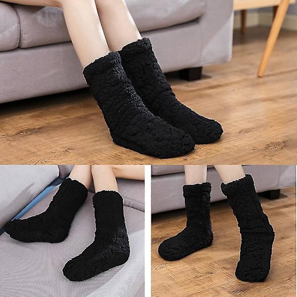 1 Par Halkskyddande/Antislipstrumpor, Vinterfluffiga Mysiga Fleece-strumpor, Plysch Tjocka Varma Golvstrumpor Black