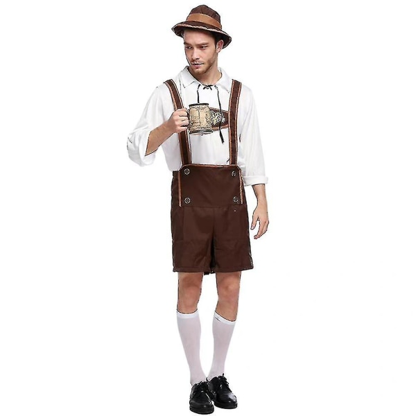 Tysk Oktoberfest Øl Menn Bavarian Lederhosen Skjorte Hat Set Guy Festival Costume M