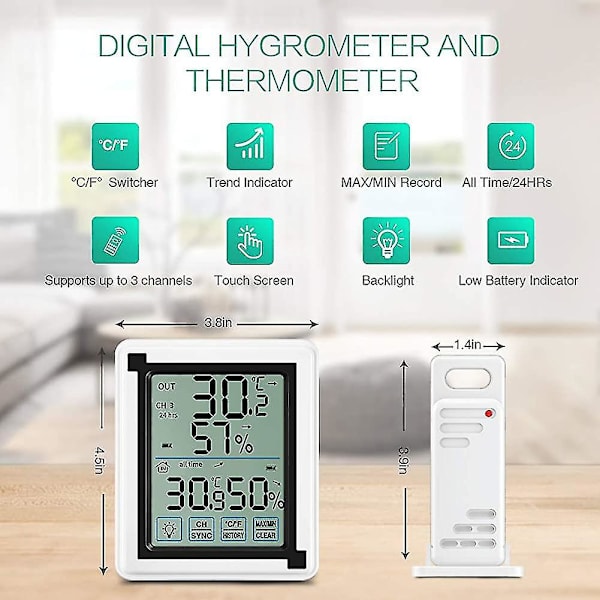 Inomhus- och utomhustermometer, termohygrometer med 3 utomhussensorer, present