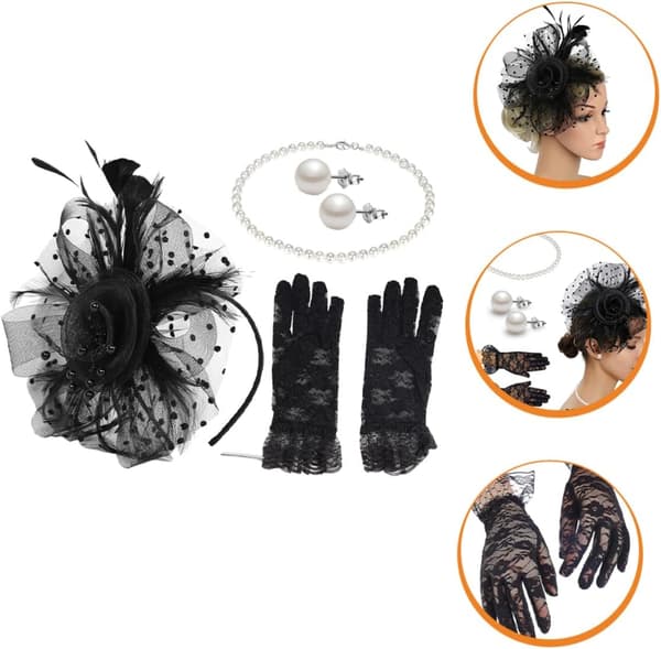 Kvinders teselskab Fascinator Hat Sæt Sort Mesh Slør, Perlekæde, Øreringe