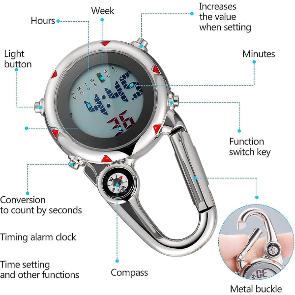 Klämma på Karabinerklocka Utomhusficka med Datumklocka Fickklocka Klämma Klocka Luminous Digitalklocka