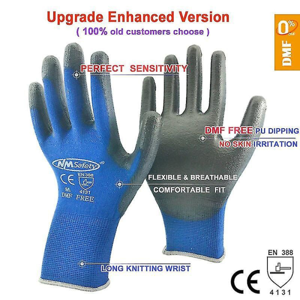 12 Par Arbejdssikkerhedshandsker Sort PU Nylon Bomuld