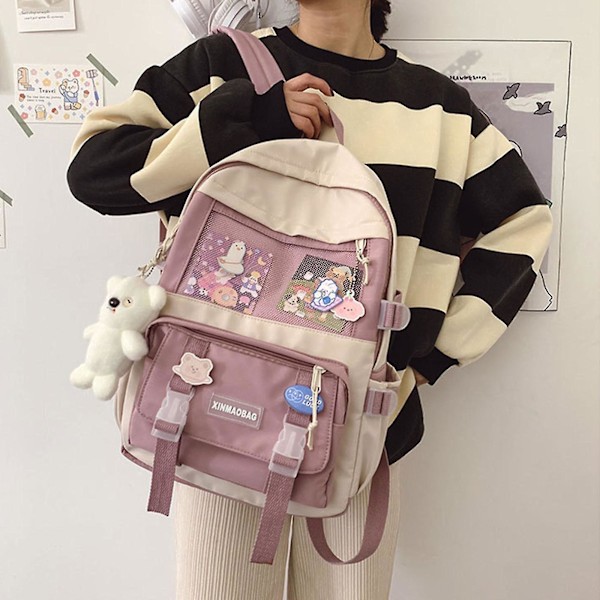 Harajuku-reppu, tyttöjen koulukassari, matkakassi, rento päiväretki-reppu teineille ja opiskelijoille Pink