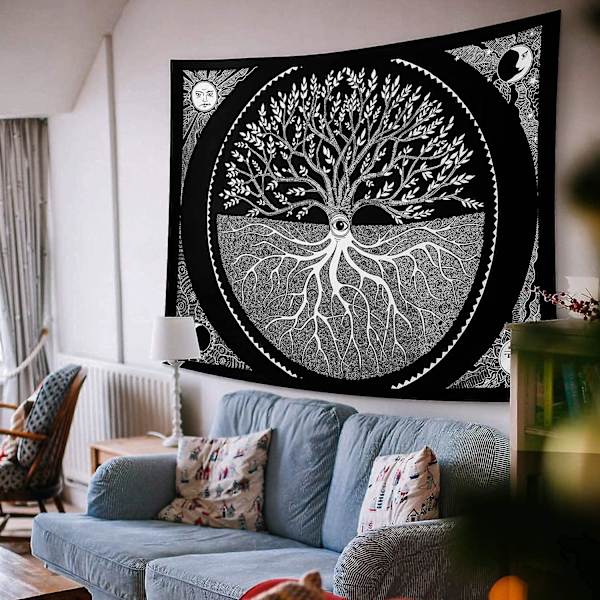 Livets Træ Vægtapet Sol Og Måne Æstetisk Vægtapet Væghængning Sort Hvid Mandala Vægtapet Vægkunst Dekoration Til Stue Soveværelse (træ