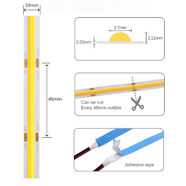 2m COB LED-remsa med 640 lysdioder, 12V, för skåp