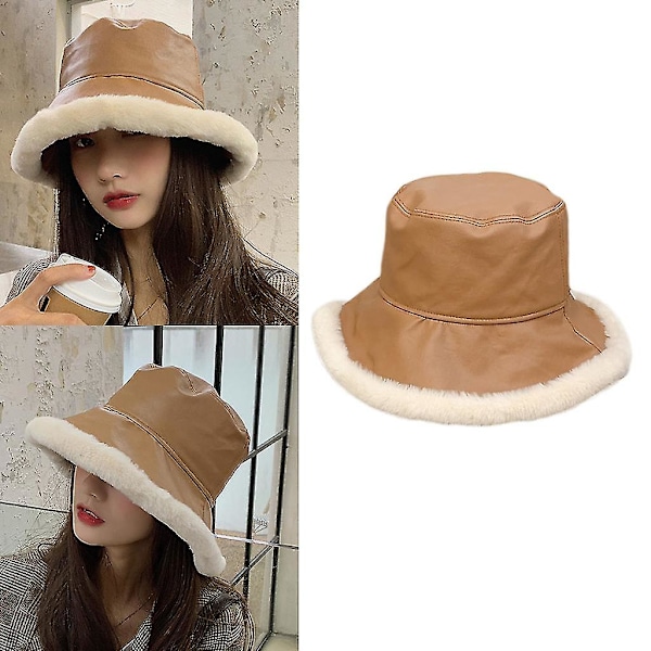 Koreansk version PU-läder plysch fiskarehatt All-match hinkhatt Bred brätte Camel