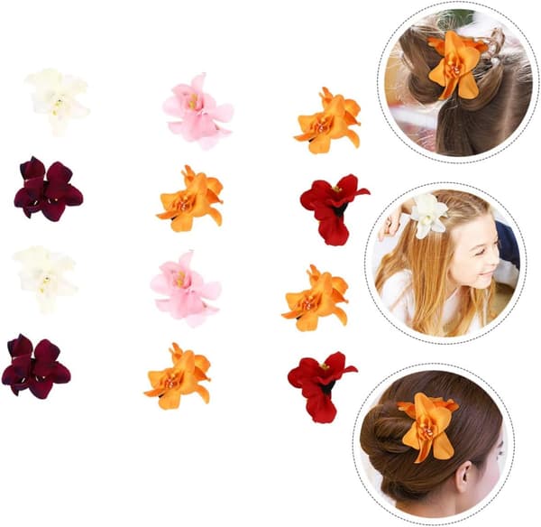 12 stk hawaiiske blomsterhårspenner for kvinner, simulerte orkidé doble blomsterhårtilbehør