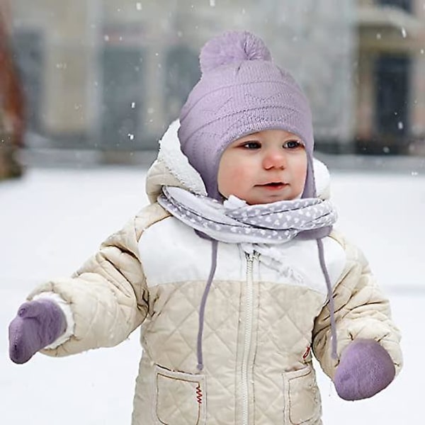 Säsongens toddler och handskar set med stickade baby Mössor och varma ullvantar för barn purple