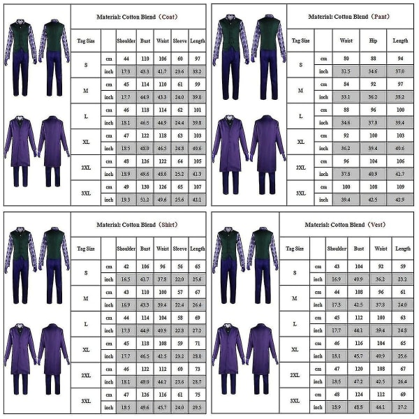 The Joker Costume Outfits Frakke Skjorte Vest Slips Handsker Bukser Set For Adult Up 3XL