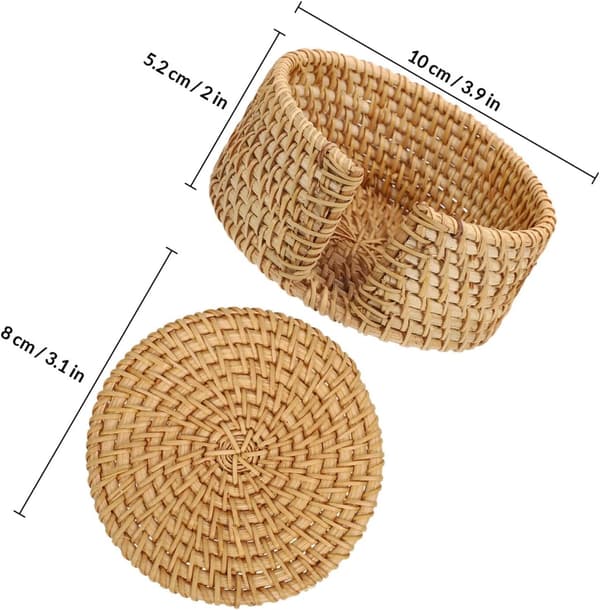Rattanvevde understell med holder, rustikke absorberende koppunderlag for bordbeskyttelse og ryddig oppbevaring