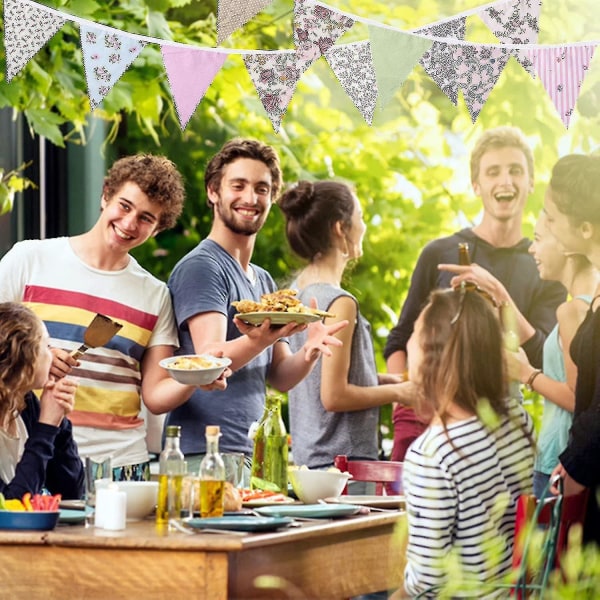 40 ft Stof Bunting, 42 stk Udendørs Bunting Banner, blomstret Vintage Bomuld Trekant Flag Til Have Fødselsdagsfest-yuhao