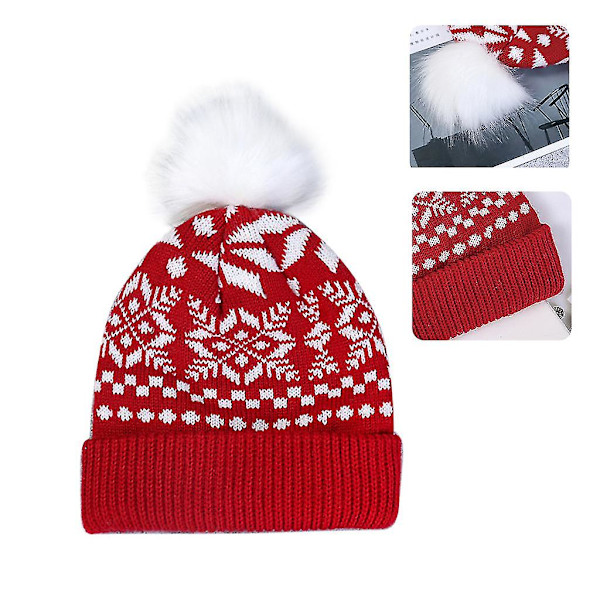 Damer Jule Snefnug Vinter Strikket Beanie Hat Sød Fluffy Pompom Stræk Cuffed Skull Cap Ørevarmer Ferie Festival Party Gaver