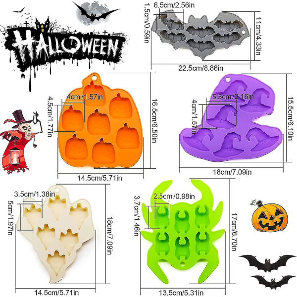 5 kpl Halloween-silikonimuotteja, Halloween-juhlat makeismuotteja Tarttumattomat Halloween-leivontamuotteja Kurpitsan lepakko haamu noitahattu keittiön leivontaan T Uu-y