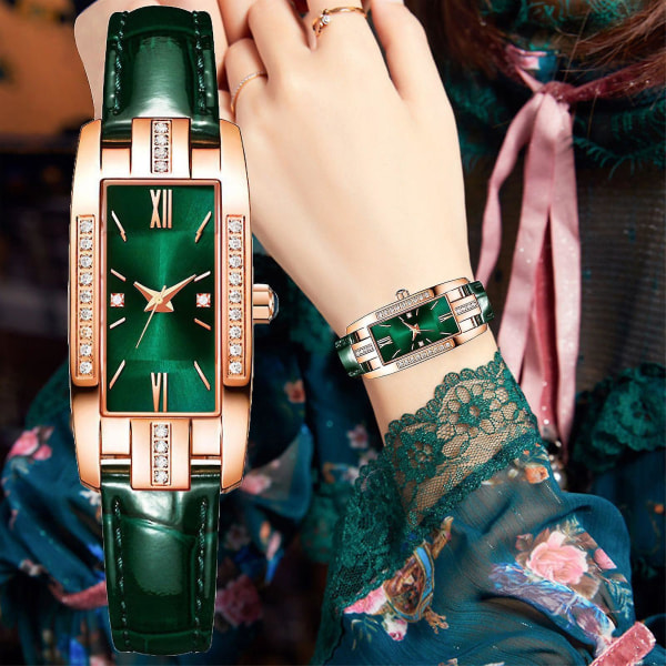 Retro rimelig luksusklokke Dameklokke Liten firkantet klokke for damer Diamond liten grønn klokke White and red