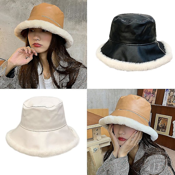 Koreansk version PU-läder plysch fiskarehatt All-match hinkhatt Bred brätte Off-white