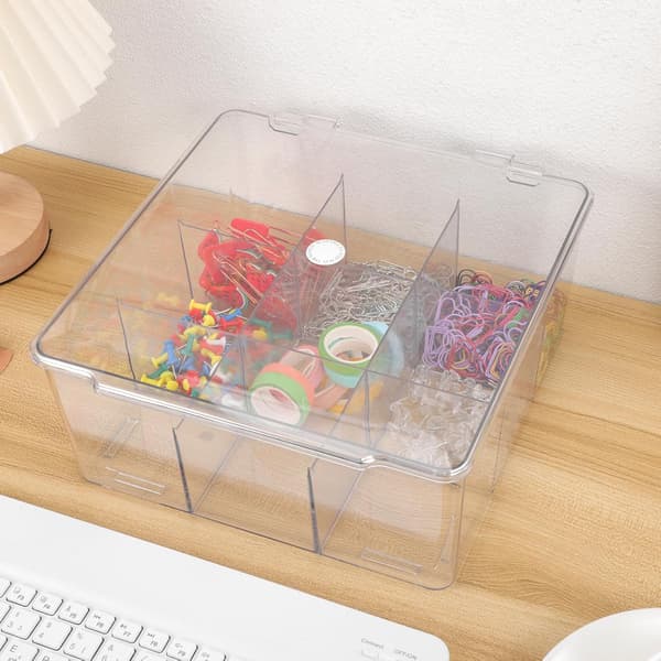 Plastförvaringslåda med lock, 9-facks organiseringslåda med fällbart lock för kontorsmaterial