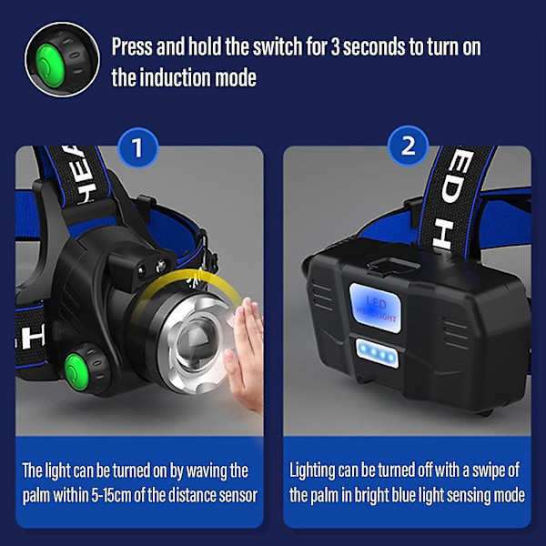 LED-huvudlampa Sensor Fiske T6/l2/p50 3 Lägen Zoombar
