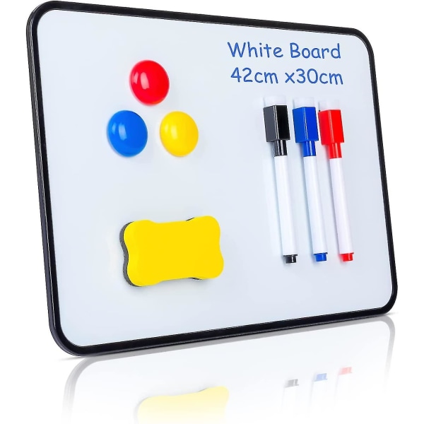 Dry Erase Whiteboard, A3 kaksipuolinen valkoinen taulu kuivapyyhkimillä, magneeteilla ja pyyhekumilla Värisatunnainen lapsille tai koululle, kotiin (42x30cm Bl