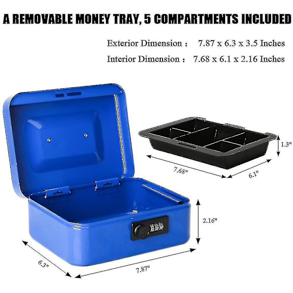 Lille pengeskab med kombinationslås Holdbar metal pengeskab med pengeskuffe Sort, 7,87 X 6,3 X 3,35 tommer - B-yuhao Blue