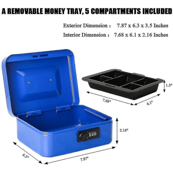Pieni kassalaatikko yhdistelmälukolla Kestävä metallinen kassalaatikko rahalokerolla musta, 7,87 x 6,3 x 3,35 tuumaa - B-yuhao Blue