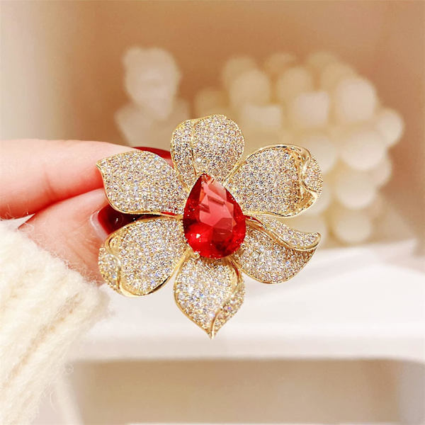 Modebroscher i guld för kvinnor, blommor, strass, röda kristaller, bröllops smycken, present