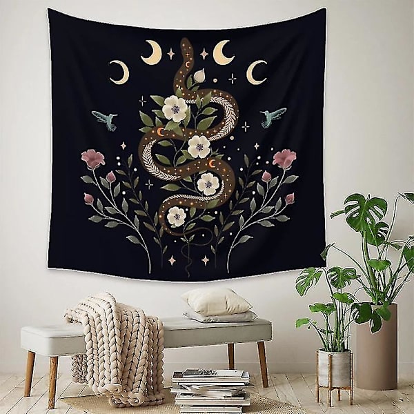 130x150cm Psykedelisk Väggbonad med Månfaser, Blommor och Hippie-Motiv