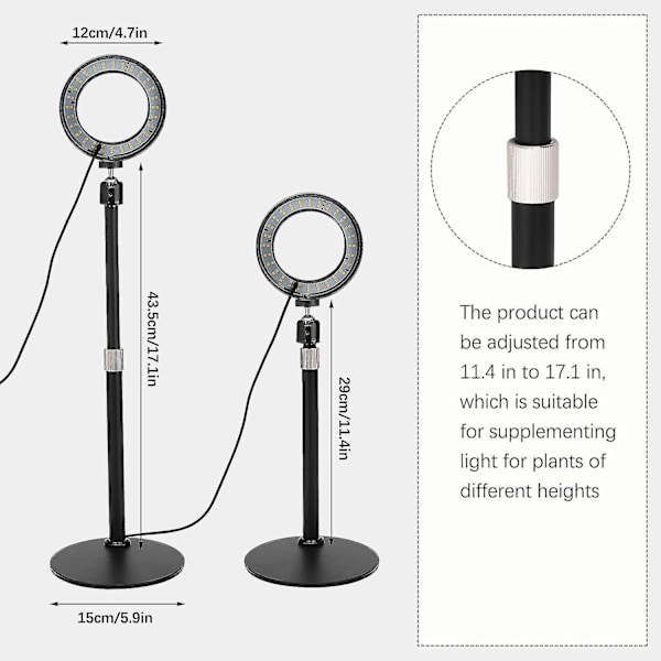 Bærbar LED-vekstlampe med fullspektrum, timer og USB-ring
