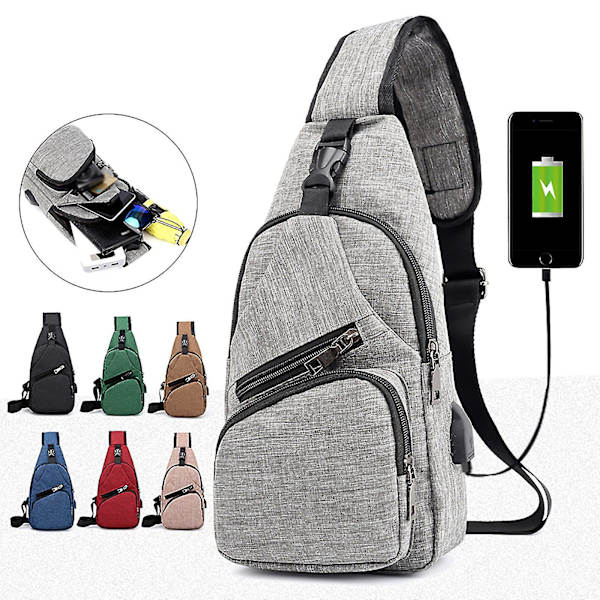Sling Ryggsäck med USB-laddningsport, Män Kvinnor Bröst Crossbody Axelväska Cykling Vandring Cykling