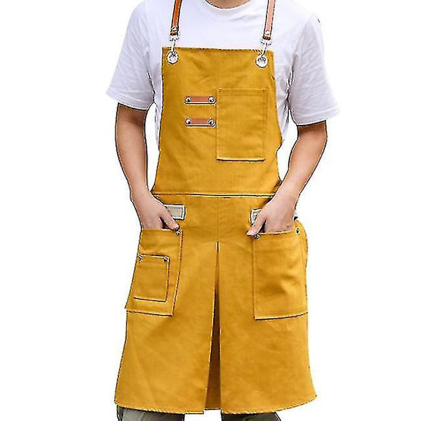 Förkläde i Denim med Fickor Unisex Jeanförkläde Justerbart Förkläde för Kök yellow