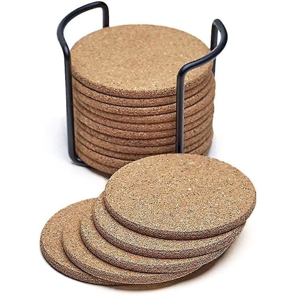 Runde Natural Cork Coasters Sett Metallholder Miljøvennlig