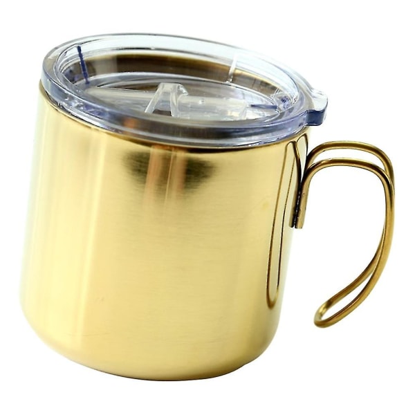 Kaffekrus i rustfritt stål med lokk, praktisk krus ølkrus med håndtak lokk dobbeltlags krus (farge: gull) (1 stk)