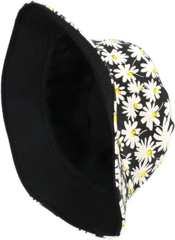 Daisy Printing Bucket Hat Sommer Solhat Mode til Udendørs Strandrejser Solbeskyttelse Sort