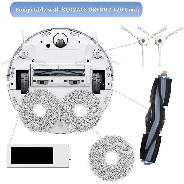 Tilbehør til Ecovacs Deebot T20 Omni / T20 E Omni støvsuger, 1 hovedbørste, 4 sidebørster, 4 mopper, 2 filtre, 4 poser, 2 rengøringsbørster