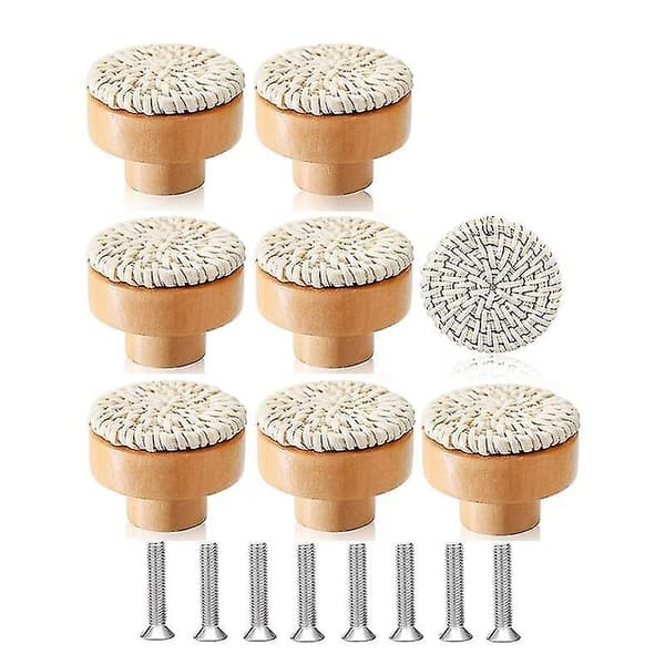 8 stk Boho Rattan Kommode Knapper Træ Skuffe Knapper Håndlavet Vævet Vikkerknapper Træk Håndtag Til Skab