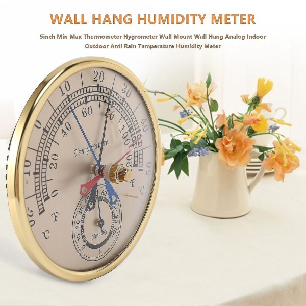 5 tommer Min Max Termometer Hygrometer Vægmontering Væghæng Analog Indendørs Udendørs Anti Regn Temperatu