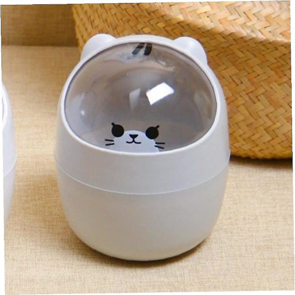 Skrivebord med lokk, søppelbøtte Mini Kawaii Søt Katt Søppelbøtte Oppbevaringsboks Jente Penneholder Oppbevaringsbøtte (grå)(1 stk