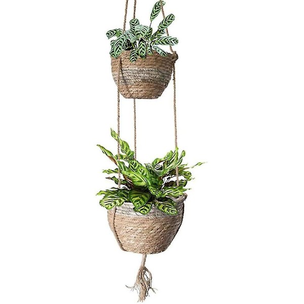 Hängande Halm Planter 2-vånings Korg Vävd Dekorativ