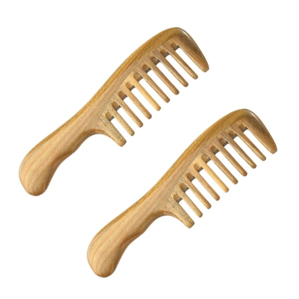2x bred tand naturligt sandelträ hårkam - ingen statisk träborttagningskam med smidigt handtag