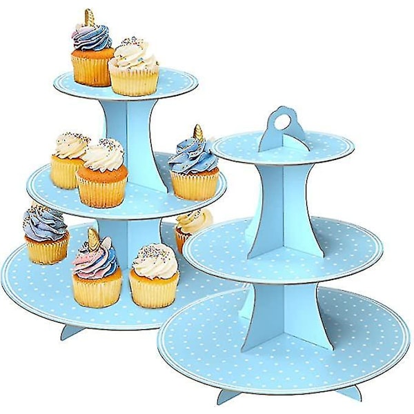 Jinle 3-vånings Papperscupcake Stativ Blå Polka Dot