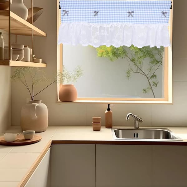 Fönster Kort Gardin Halvrutig Kort Gardin Polyester Blå Elegant Modern