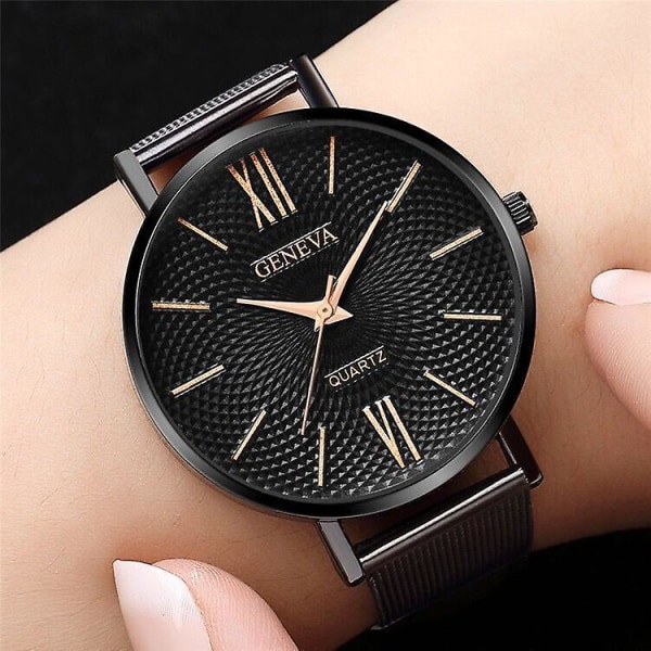 Personlig kreativ utskrift Dameklokke Roman Scale Fashion Mesh Strap Quartz Watch Dame Black