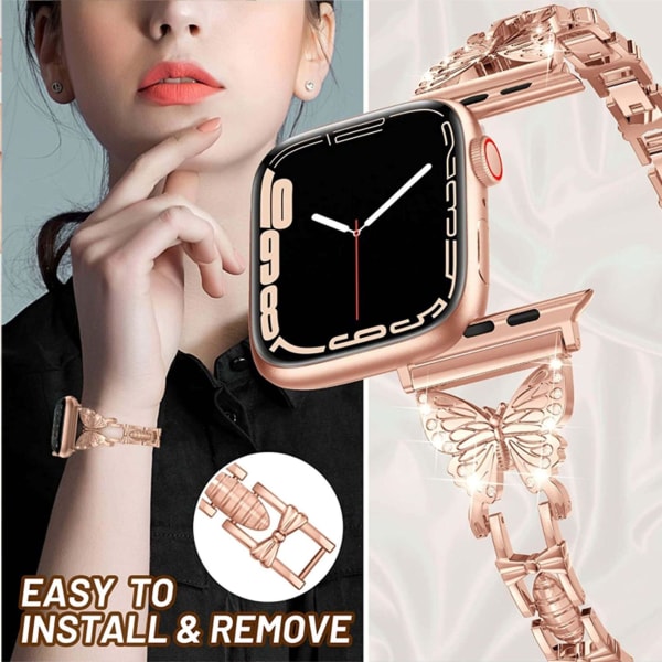 Passer til Apple Watch 8 Rem Diamant-indlagt Metal Sommerfugl Armbåndsur black and gold