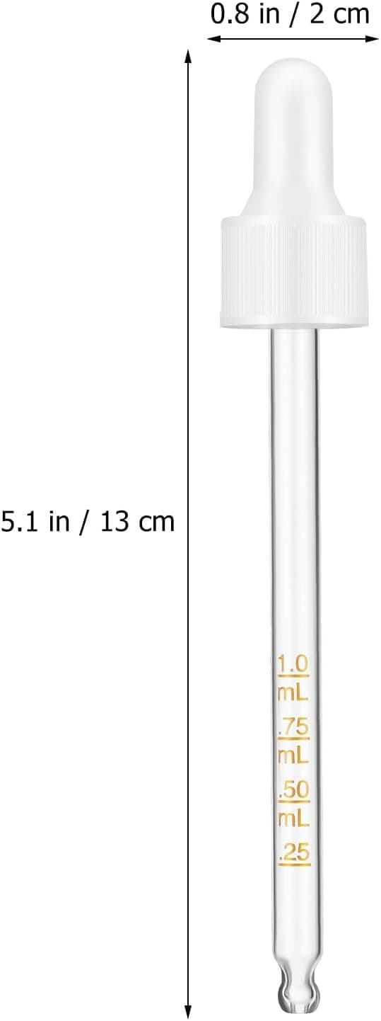 6 stk. 100 ml glaspipetter med hvid gummibold, graduerede æteriske oliedråbere