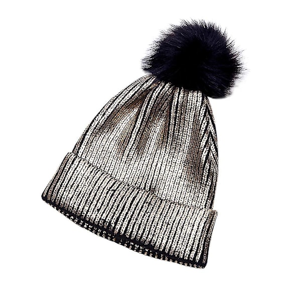 Women Girls Winter Warm Metallic Shiny Knitted Crochet Beanie Hat With Pom Pom