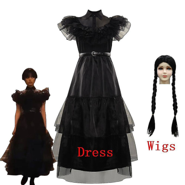 Wednesday Addams Wednesday Kostym Peruker Kläder Dräkt För Barn Flickor Förklädnad 100 DressA with Wigs