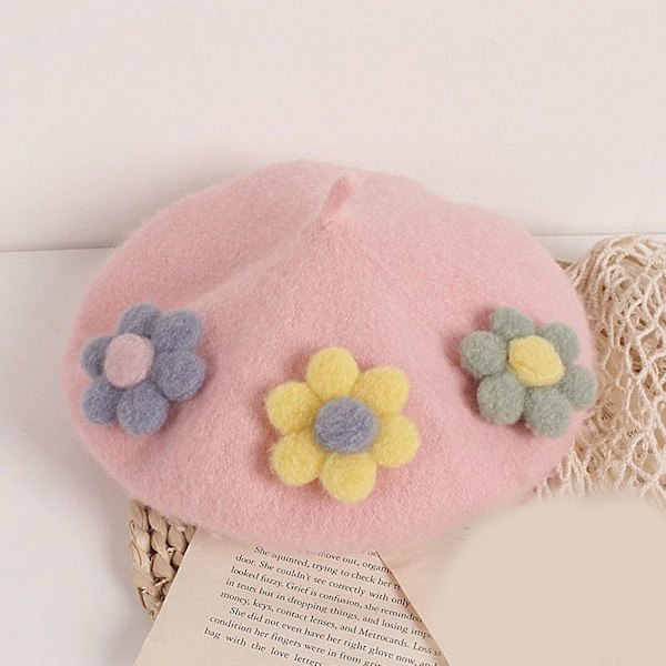 Sød Tre-Blomster Beret Solid Farve Elegant Ottekantet Hat Til Street Shooting Beige