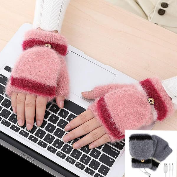 USB Opvarmede Vinterhandsker Strikkede Imiteret Kashmir Vanter Til Voksne Computer Spil Wine Red
