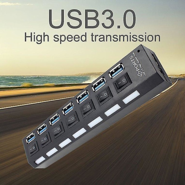 Kompakt USB 3.0 High Speed 7-ports Hub med strømforsyning