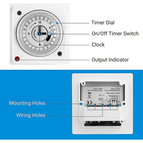 Immersion Heater Timer, 24-timers energisparende bryter, 16a/3680w innfelt