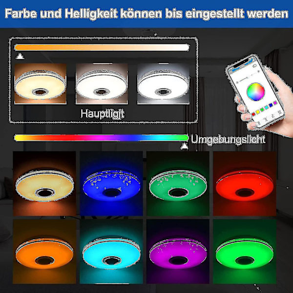36W LED Taklampe Dimbar med Bluetooth-høyttaler, LED Taklampe med Fjernkontroll eller App-